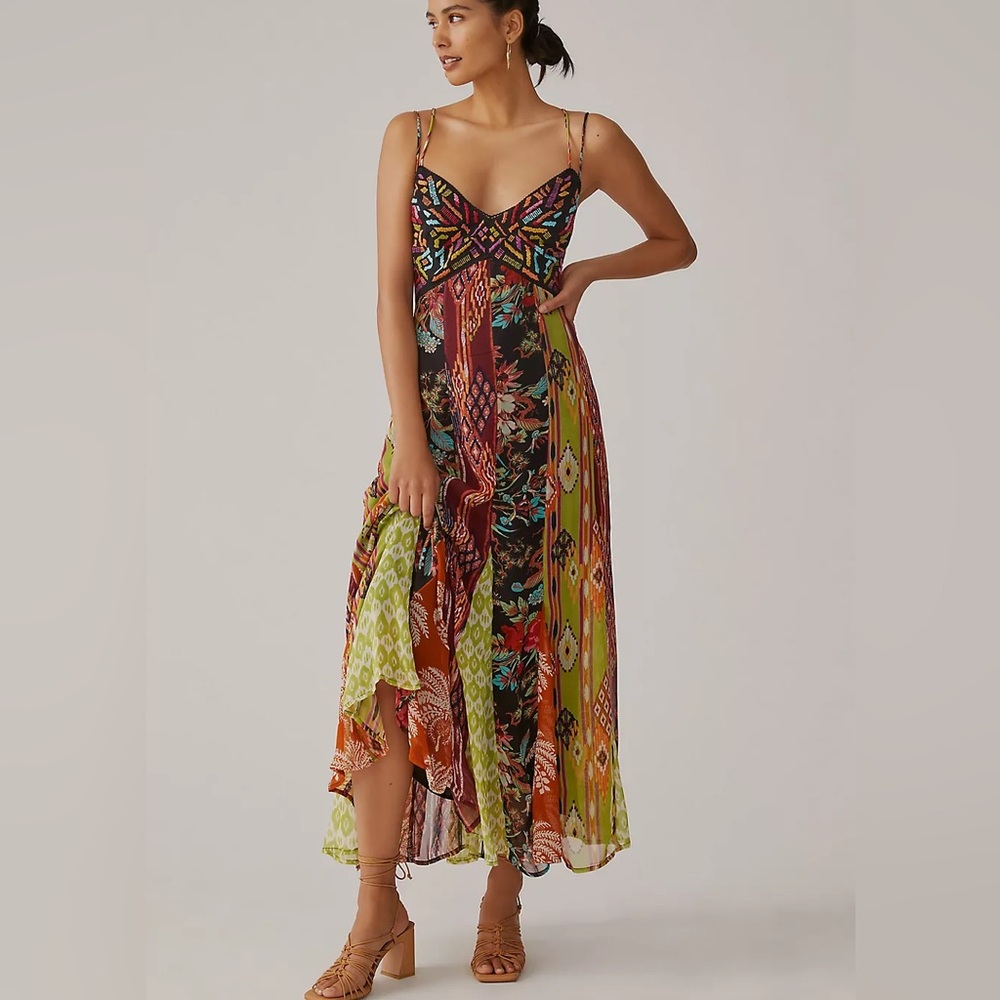Anthropologie Patchwork-Print Tiered Maxi Dress in Rust, Black & Lime
